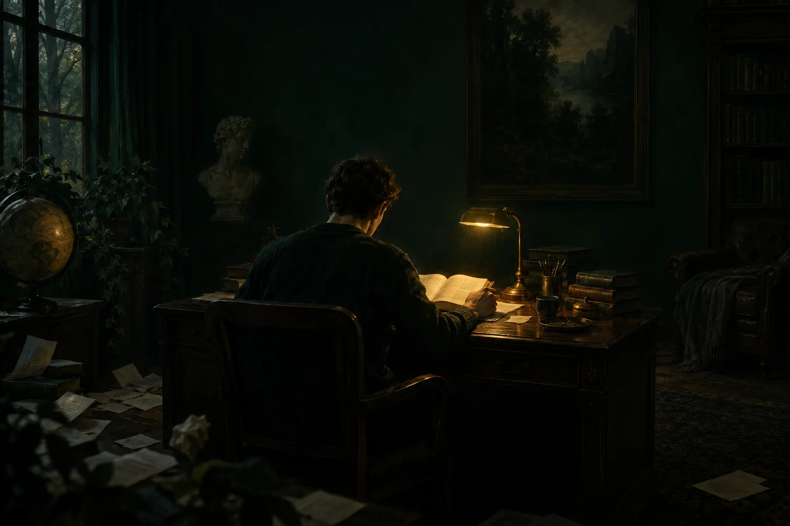 Cuadro de una persona estudiando en una habitación oscura, con una luz dorada concentrada sobre el libro.